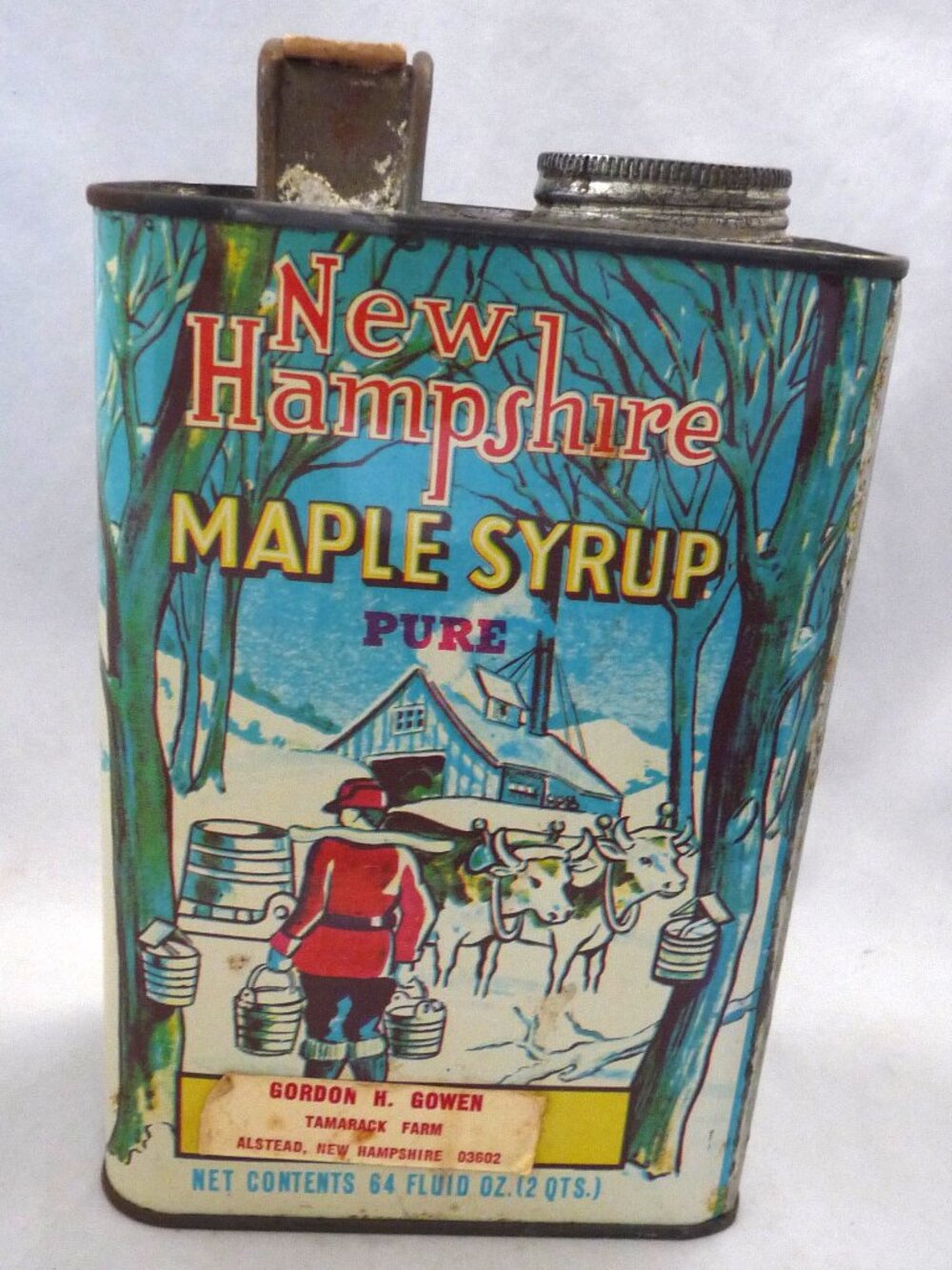 Vintage New Hampshire maple syrup tin Gowen Alstead empty advertising